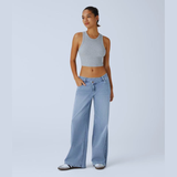 Women’s Asymmetric Low-Rise Baggy Jeans – Wide Leg Washed Denim with Zipper Pocket Detail | Casual Streetwear