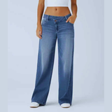 Women’s Asymmetric Low-Rise Baggy Jeans – Wide Leg Washed Denim with Zipper Pocket Detail | Casual Streetwear