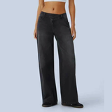 Women’s Asymmetric Low-Rise Baggy Jeans – Wide Leg Washed Denim with Zipper Pocket Detail | Casual Streetwear