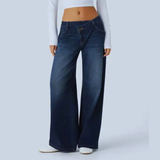 Women’s Asymmetric Low-Rise Baggy Jeans – Wide Leg Washed Denim with Zipper Pocket Detail | Casual Streetwear