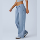 Women’s Asymmetric Low-Rise Baggy Jeans – Wide Leg Washed Denim with Zipper Pocket Detail | Casual Streetwear