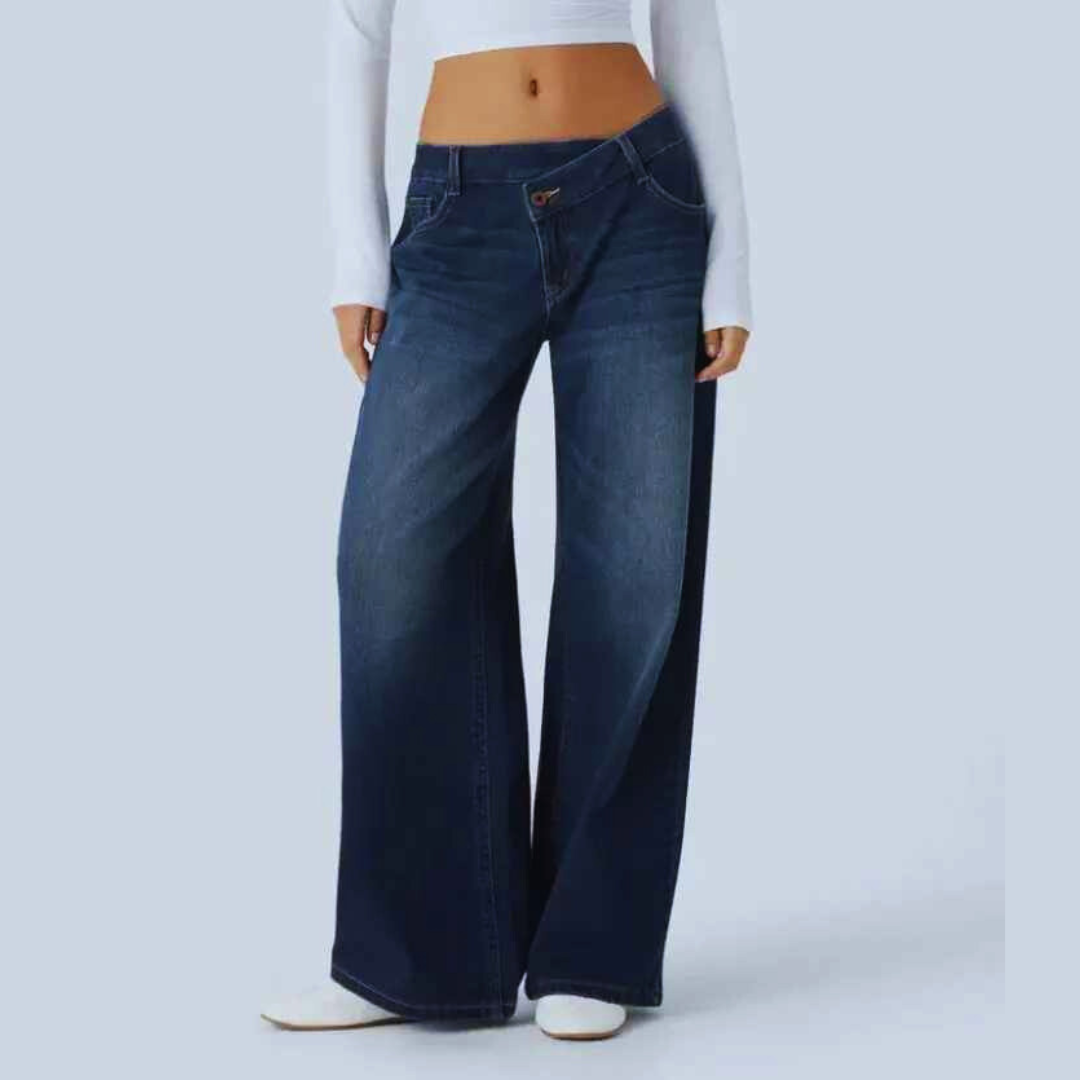 Women’s Asymmetric Low-Rise Baggy Jeans – Wide Leg Washed Denim with Zipper Pocket Detail | Casual Streetwear