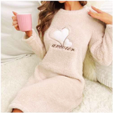Women’s Flannel Velvet Nightdress – Warm Heart Print Sleepwear | Soft & Cozy Nightgown