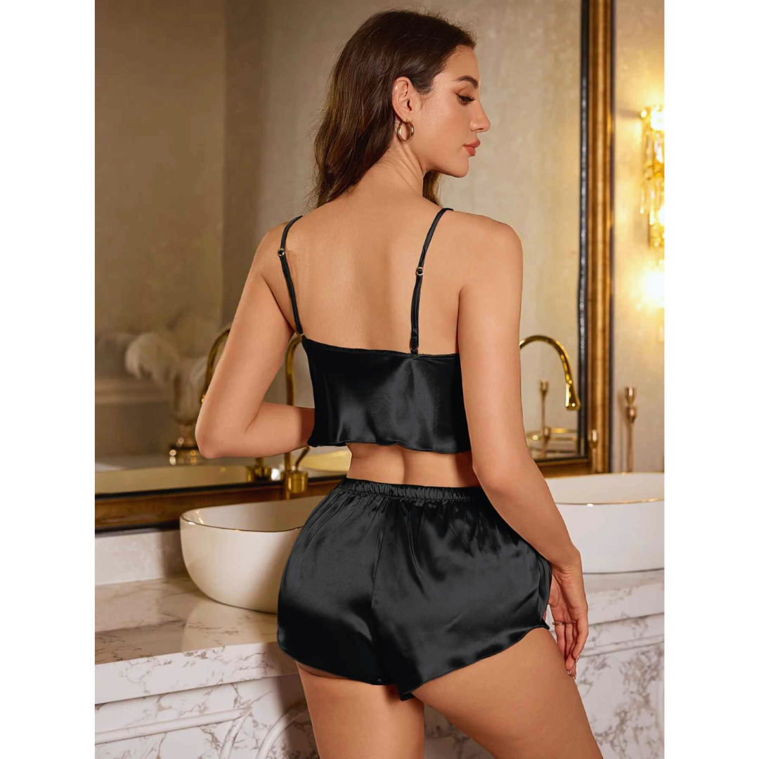 Women’s Silk Satin Sleepwear Set – V-Neck Camisole & Shorts | Elegant Comfort Lounge & Nightwear