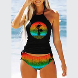 Women’s Coconut Print Tankini Swimsuit Set – Halter Neck Bikini Top with Drawstring Side Bottoms | Summer Beach Swimwear