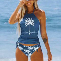 Women’s Coconut Print Tankini Swimsuit Set – Halter Neck Bikini Top with Drawstring Side Bottoms | Summer Beach Swimwear