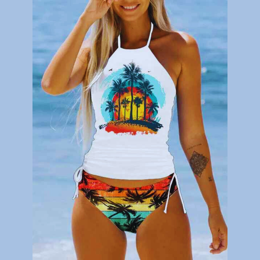 Women’s Coconut Print Tankini Swimsuit Set – Halter Neck Bikini Top with Drawstring Side Bottoms | Summer Beach Swimwear