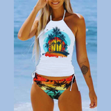 Women’s Coconut Print Tankini Swimsuit Set – Halter Neck Bikini Top with Drawstring Side Bottoms | Summer Beach Swimwear
